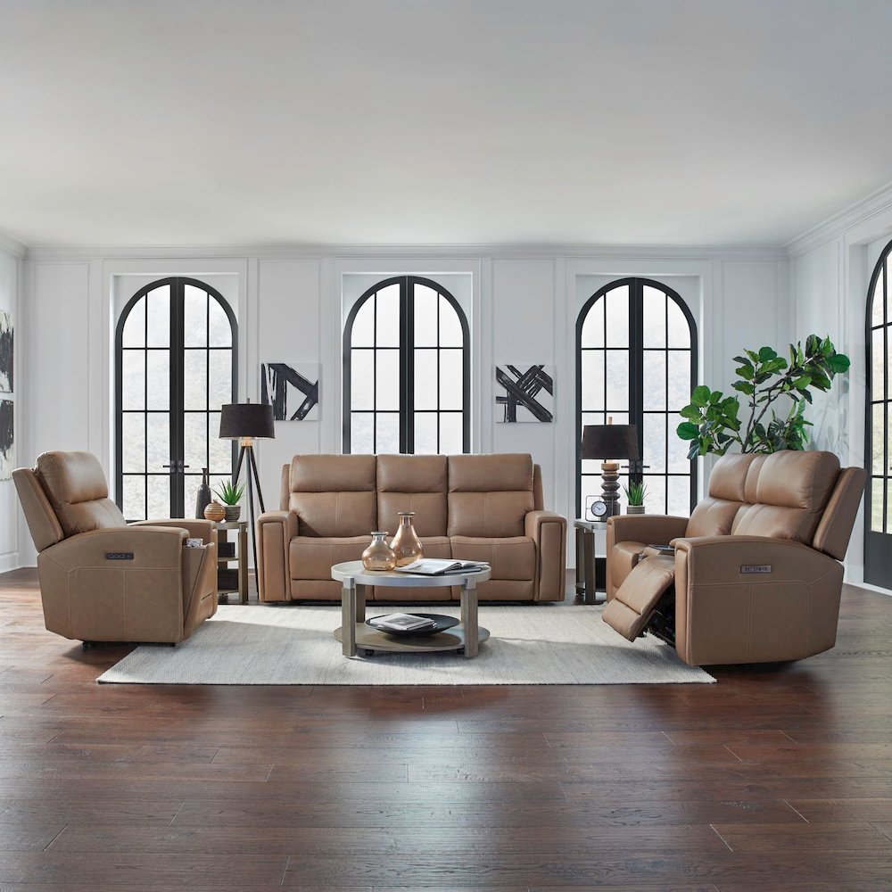 Camden Living Room Zero Wall Power Recline Set - Aline Toast Brown Leather. Picture 1