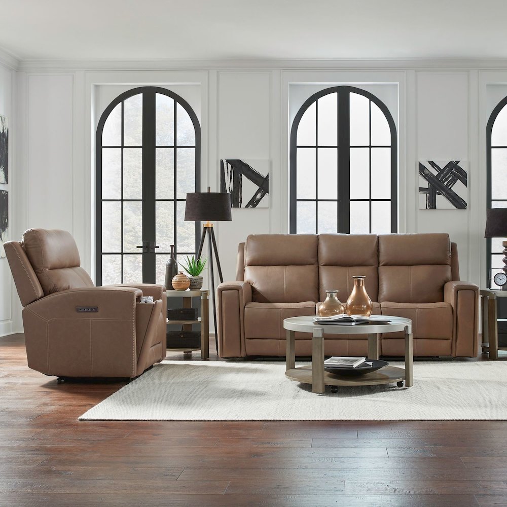 Camden Power Recline Set with Sofa & Recliner - Aline Toast Brown Leather. Picture 1