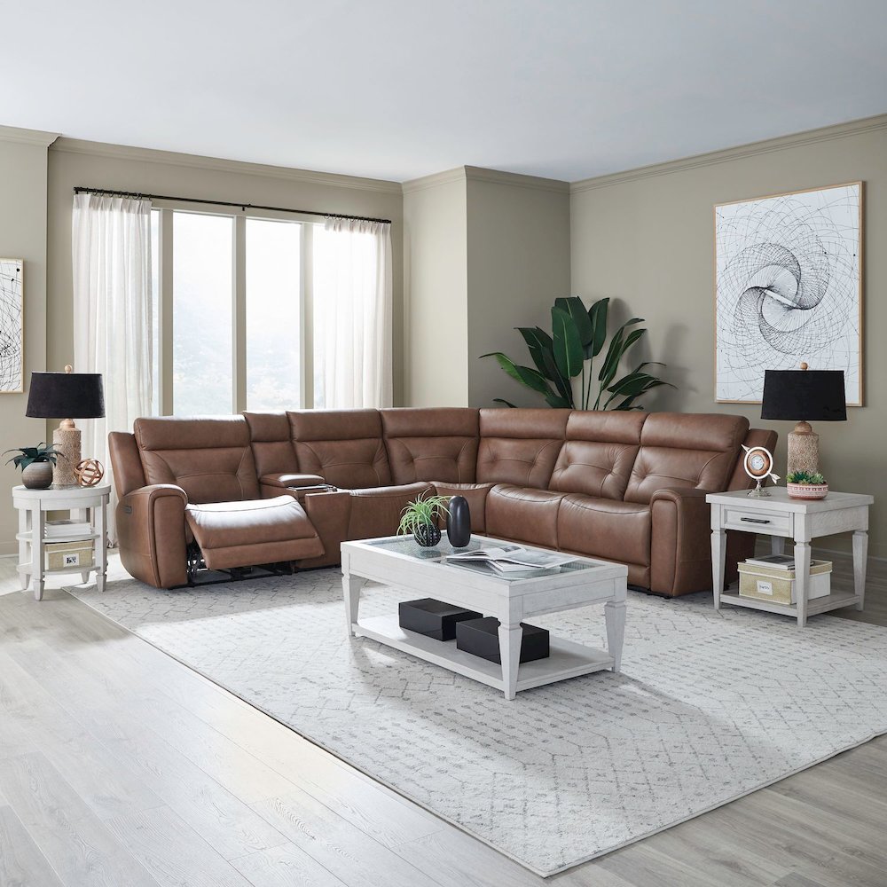 Beckham Power Reclining 6 Piece Sectional Sofa - Aline Saddle Brown Leather. Picture 2