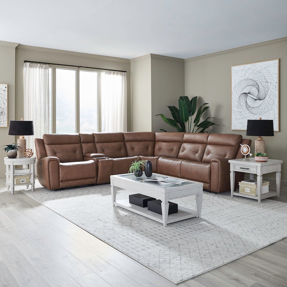 Beckham Power Reclining 6 Piece Sectional Sofa - Aline Saddle Brown Leather. Picture 1