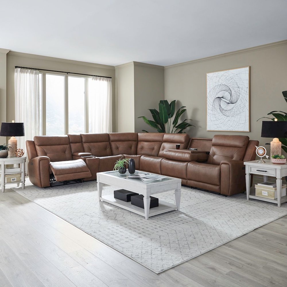 Beckham Power Reclining 7 Piece Sectional Sofa - Aline Saddle Brown Leather. Picture 3