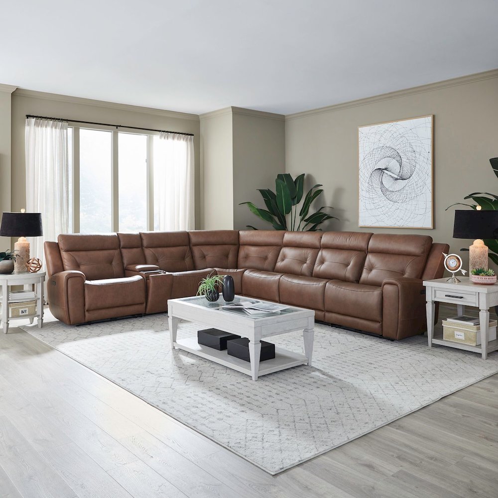 Beckham Power Reclining 7 Piece Sectional Sofa - Aline Saddle Brown Leather. Picture 2