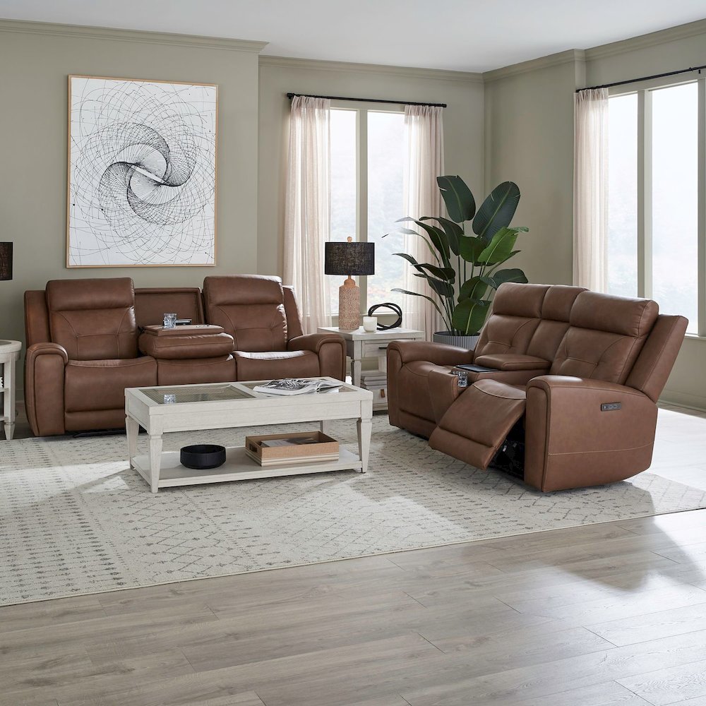 Beckham Power Recline Set with Sofa & Loveseat - Aline Saddle Brown Leather. Picture 1