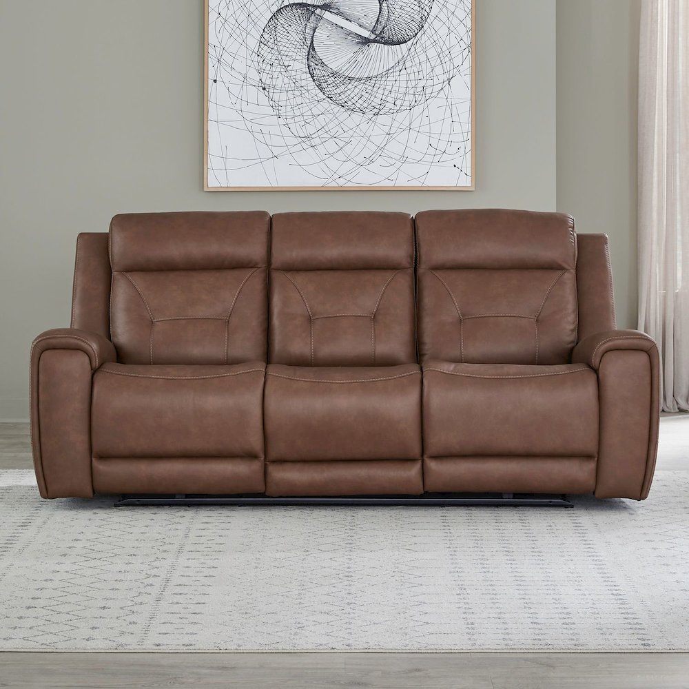 Beckham Recline Set with Sofa, Loveseat & Recliner - Aline Saddle Brown Leather. Picture 5