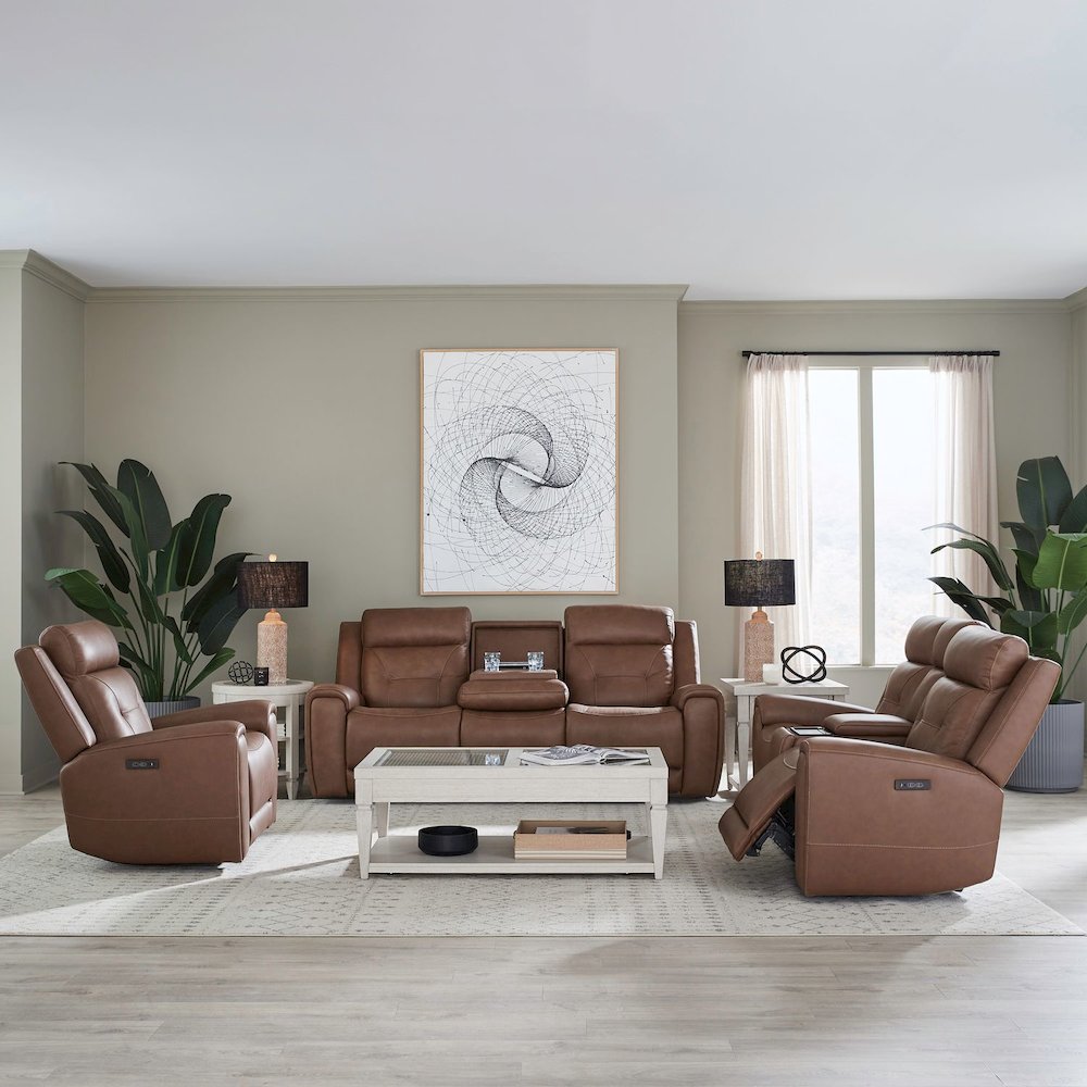 Beckham Recline Set with Sofa, Loveseat & Recliner - Aline Saddle Brown Leather. Picture 1