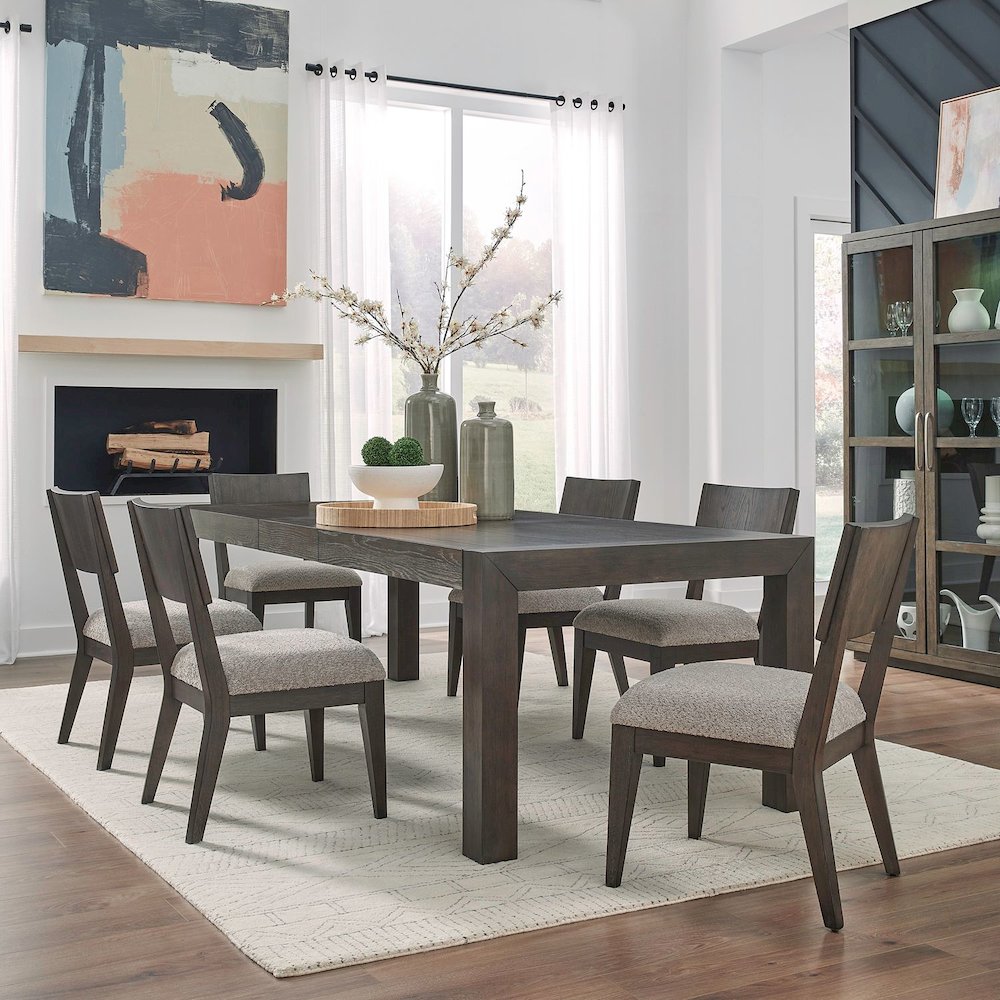 7 Piece Rectangular Table Dining Set with 6 Upholstered Chairs - Satin Espresso. Picture 1