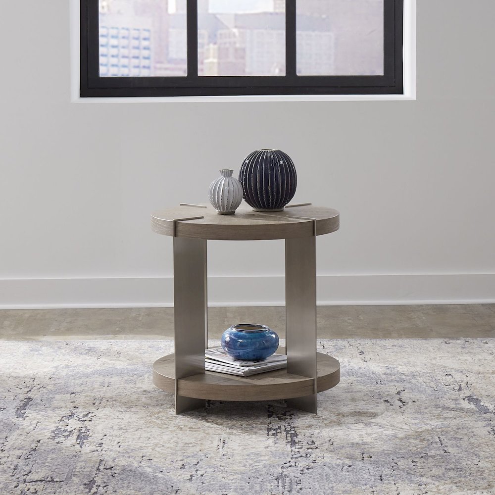 Harlow Living Room Round End Table  - Sandstone & Satin Nickel. Picture 2