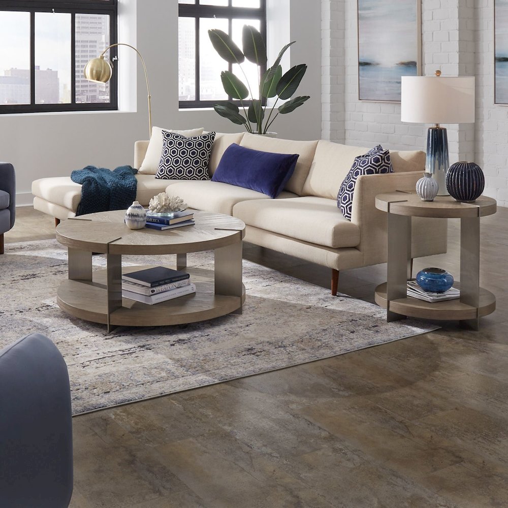 3 Piece Set - Round Cocktail Table, 2 End Tables - Sandstone & Satin Nickel. Picture 2