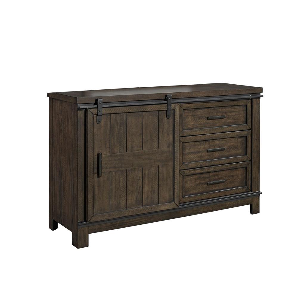 Thornwood Hills Barn Door Dresser in Rock Beaten Brown w/ Saw Cuts. Picture 1