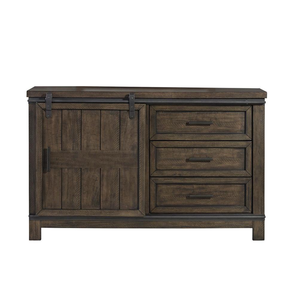 Thornwood Hills Barn Door Dresser in Rock Beaten Brown w/ Saw Cuts. Picture 2