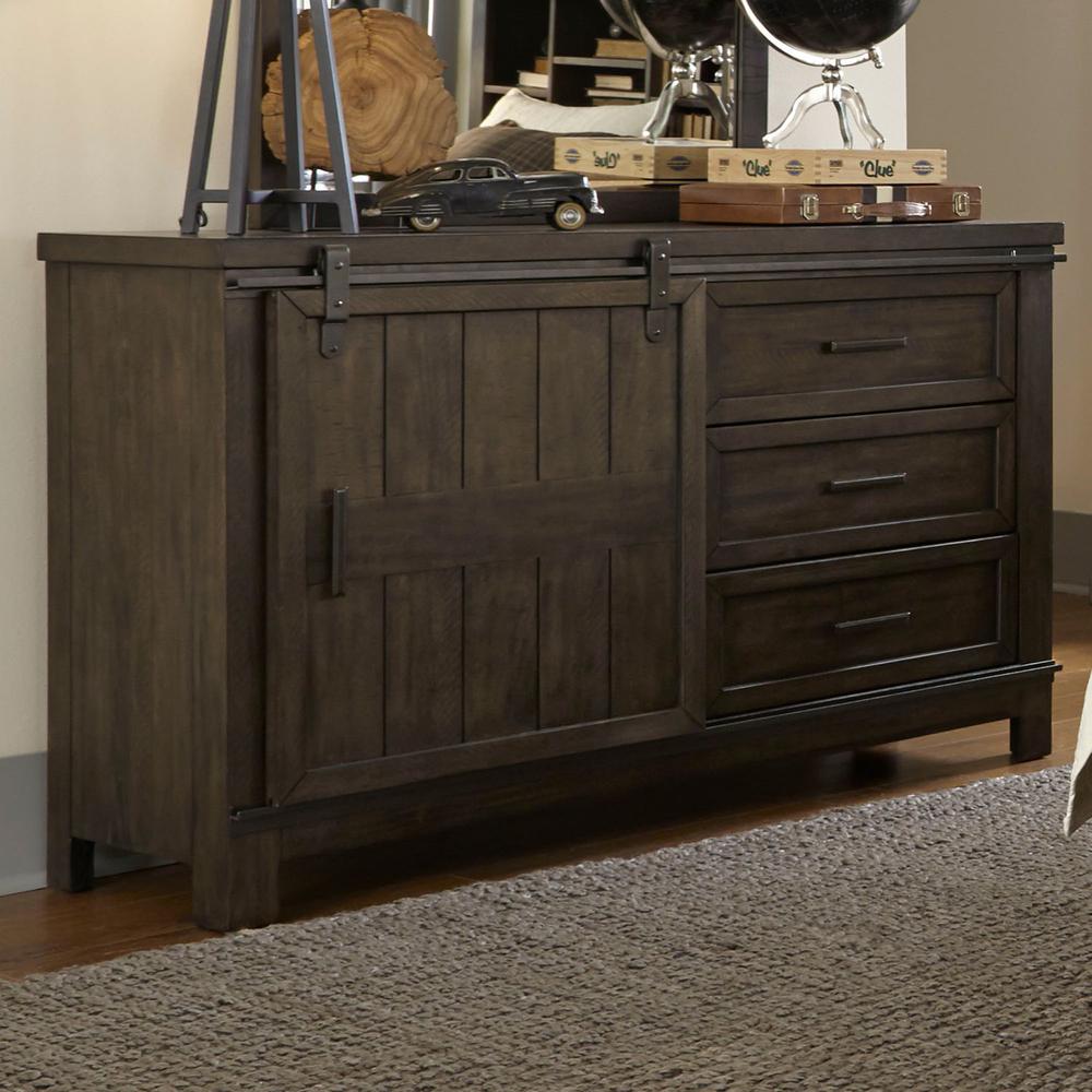 Thornwood Hills Barn Door Dresser in Rock Beaten Brown w/ Saw Cuts. Picture 3