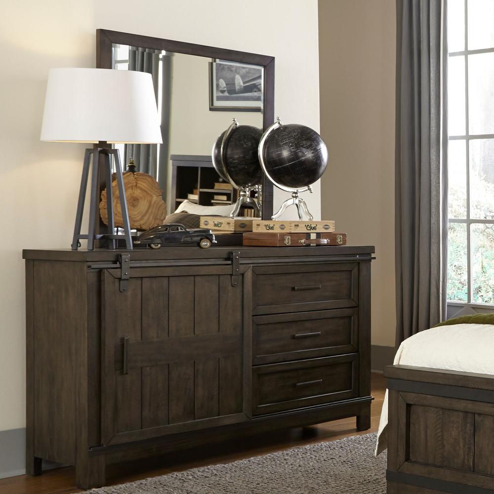 Thornwood Hills Barn Door Dresser in Rock Beaten Brown w/ Saw Cuts. Picture 4