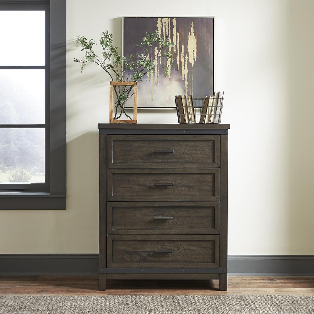 Thornwood Hills 4 Drawer Chest in Rock Beaten Brown w/ Saw Cuts. Picture 2