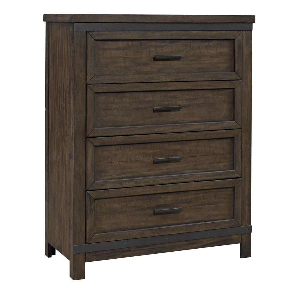 Thornwood Hills 4 Drawer Chest in Rock Beaten Brown w/ Saw Cuts. Picture 1