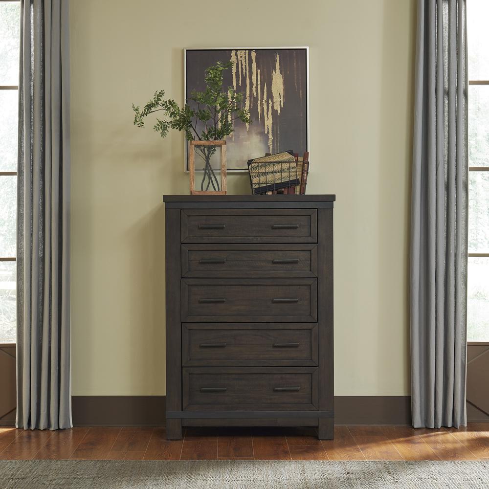 Thornwood Hills 5 Drawer Chest in Rock Beaten Brown w/ Saw Cuts. Picture 8