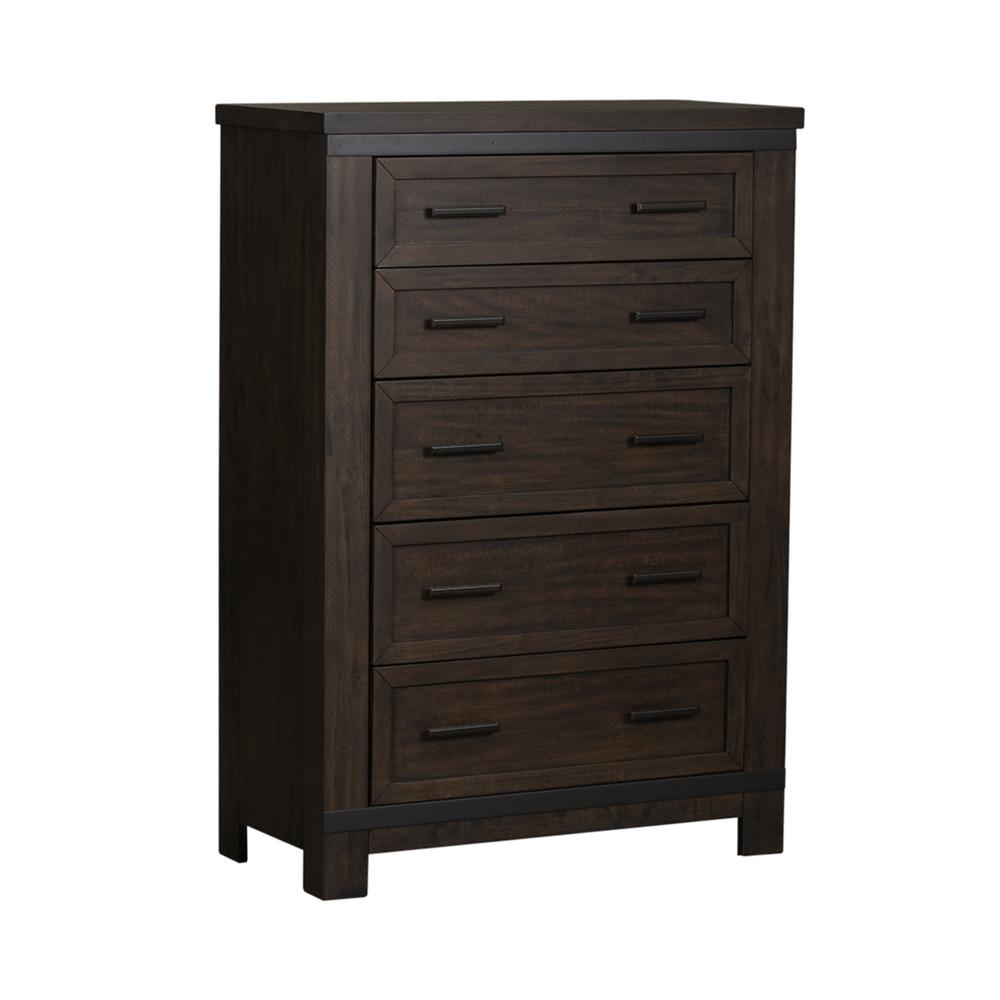 Thornwood Hills 5 Drawer Chest in Rock Beaten Brown w/ Saw Cuts. Picture 1