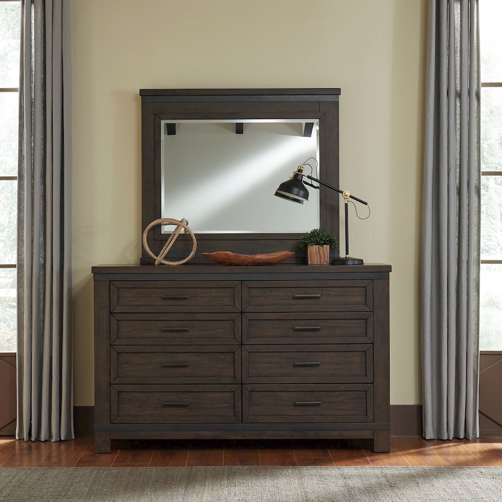 King Bookcase Bed, Dresser & Mirror, Night Stand - Rock Beaten Brown w/ Saw Cuts. Picture 1