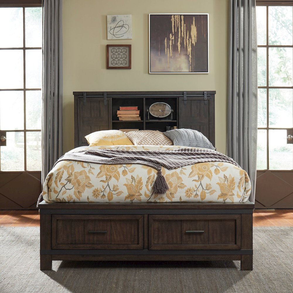 King Bookcase Bed, Dresser & Mirror, Night Stand - Rock Beaten Brown w/ Saw Cuts. Picture 2