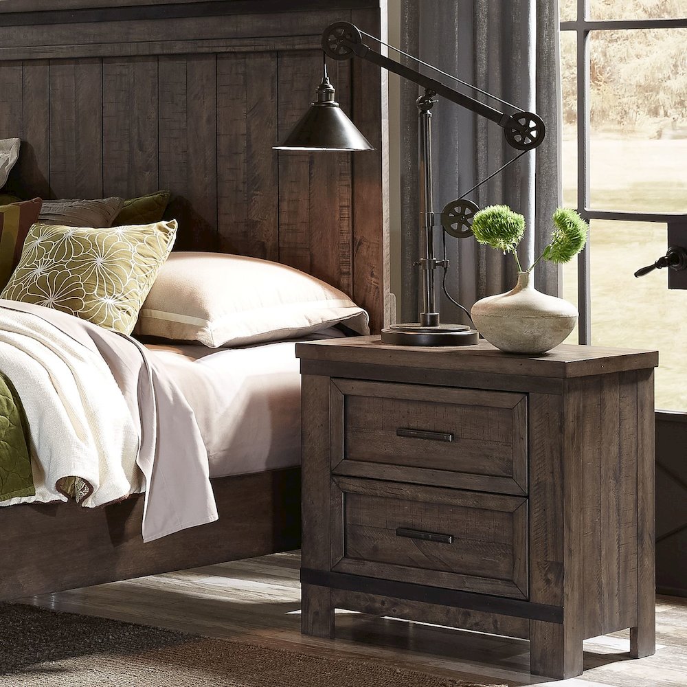 King Bookcase Bed, Dresser & Mirror, Night Stand - Rock Beaten Brown w/ Saw Cuts. Picture 3