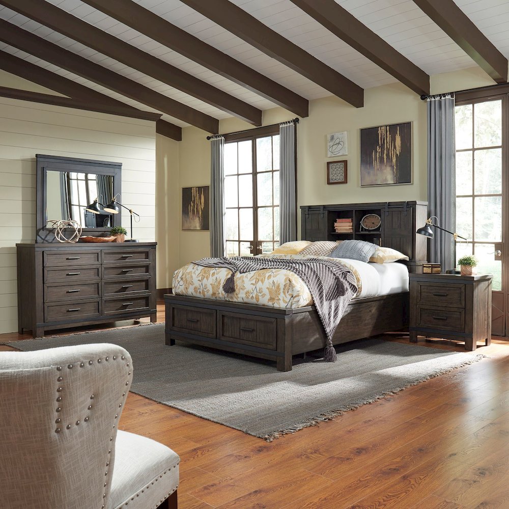 King Bookcase Bed, Dresser & Mirror, Night Stand - Rock Beaten Brown w/ Saw Cuts. Picture 4
