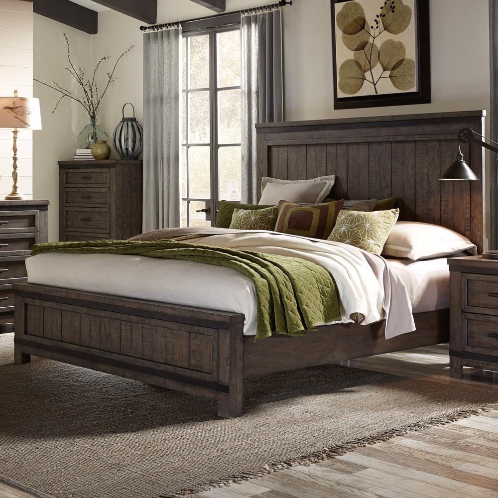 Thornwood Hills King Panel Bed in Rock Beaten Brown w/ Saw Cuts. Picture 2