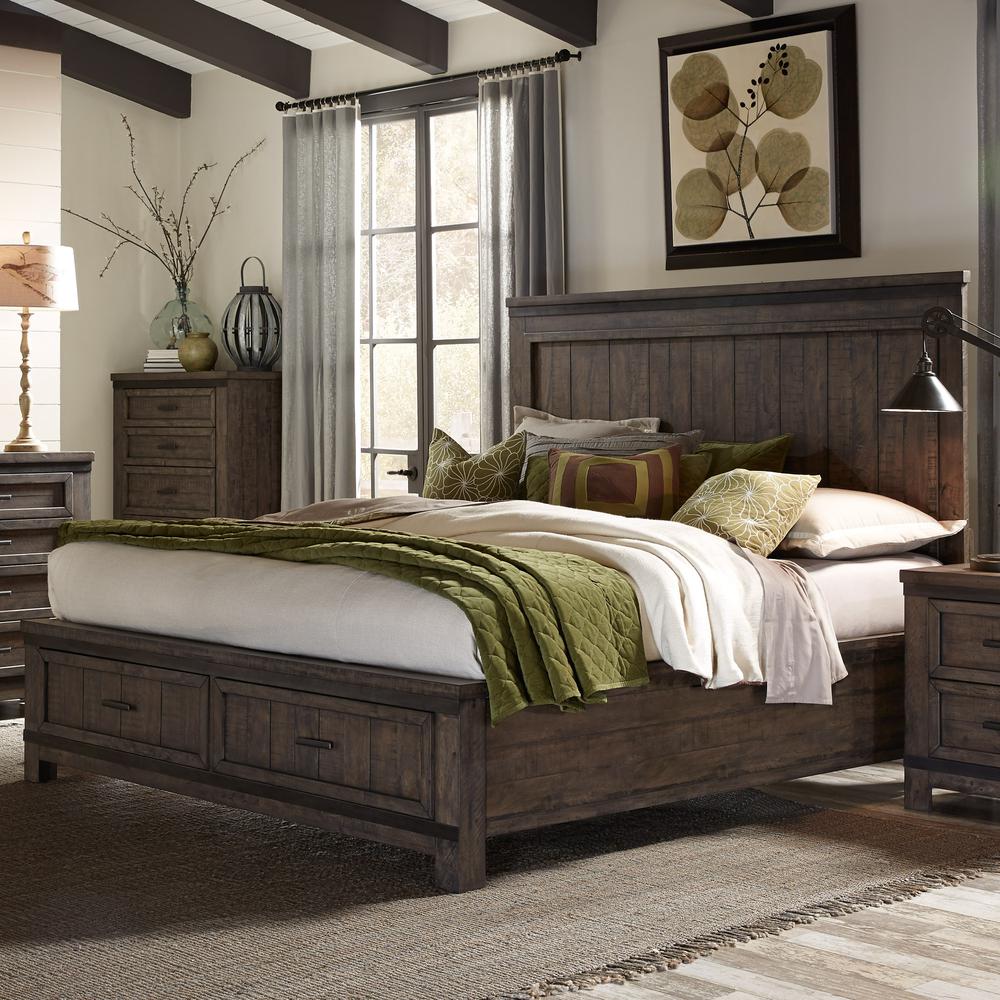 Thornwood Hills Queen Storage Bed in Rock Beaten Brown w/ Saw Cuts. Picture 2