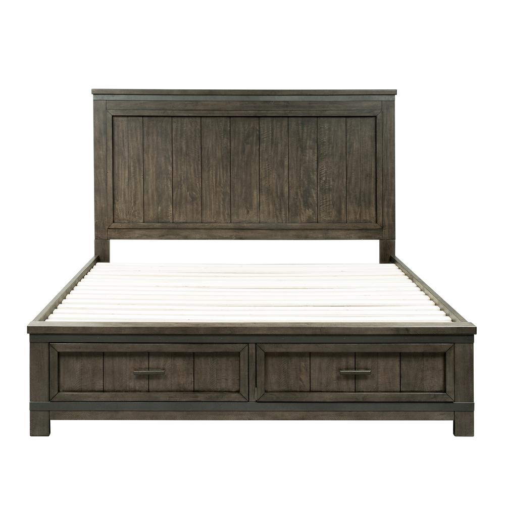 Thornwood Hills Queen Storage Bed in Rock Beaten Brown w/ Saw Cuts. Picture 1