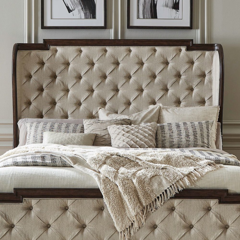 Provence Park King Upholstered Shelter Bed Headboard - Chateau Brown. Picture 2