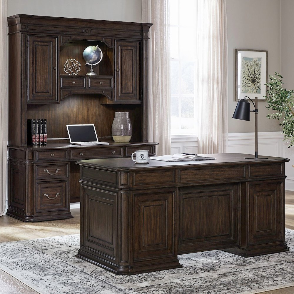 5 Pc Executive Set - Desk, Credenza Desk & Hutch with LED Touch Light, Brown. Picture 3
