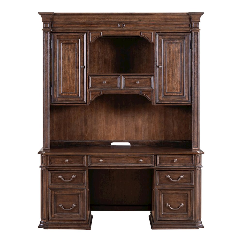 5 Pc Executive Set - Desk, Credenza Desk & Hutch with LED Touch Light, Brown. Picture 4