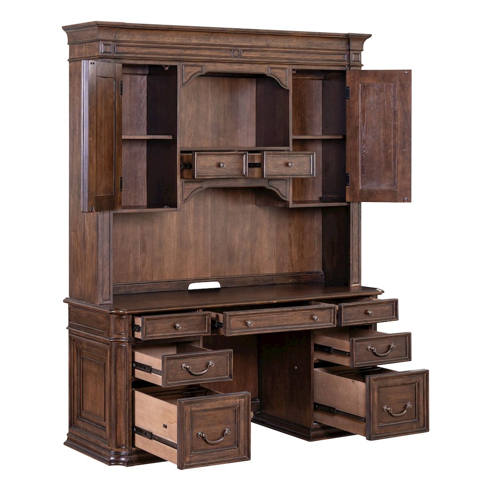 5 Pc Executive Set - Desk, Credenza Desk & Hutch with LED Touch Light, Brown. Picture 7