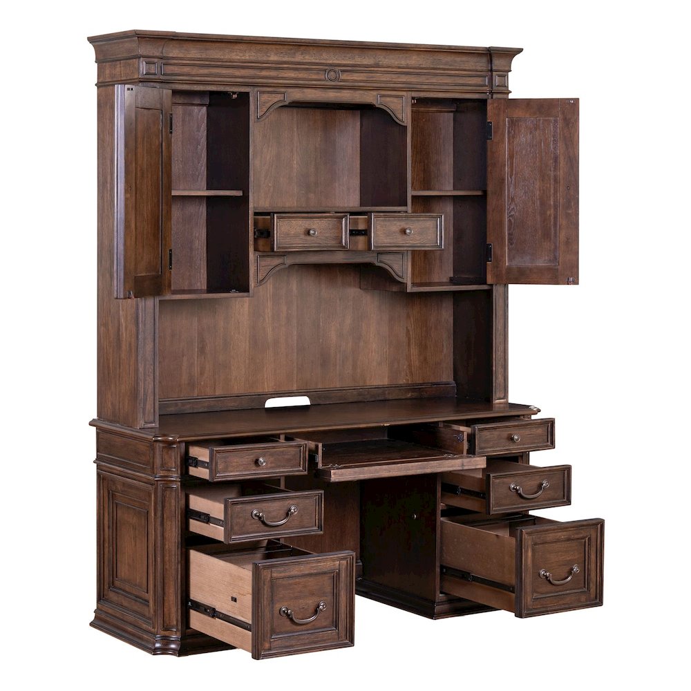 5 Pc Executive Set - Desk, Credenza Desk & Hutch with LED Touch Light, Brown. Picture 8
