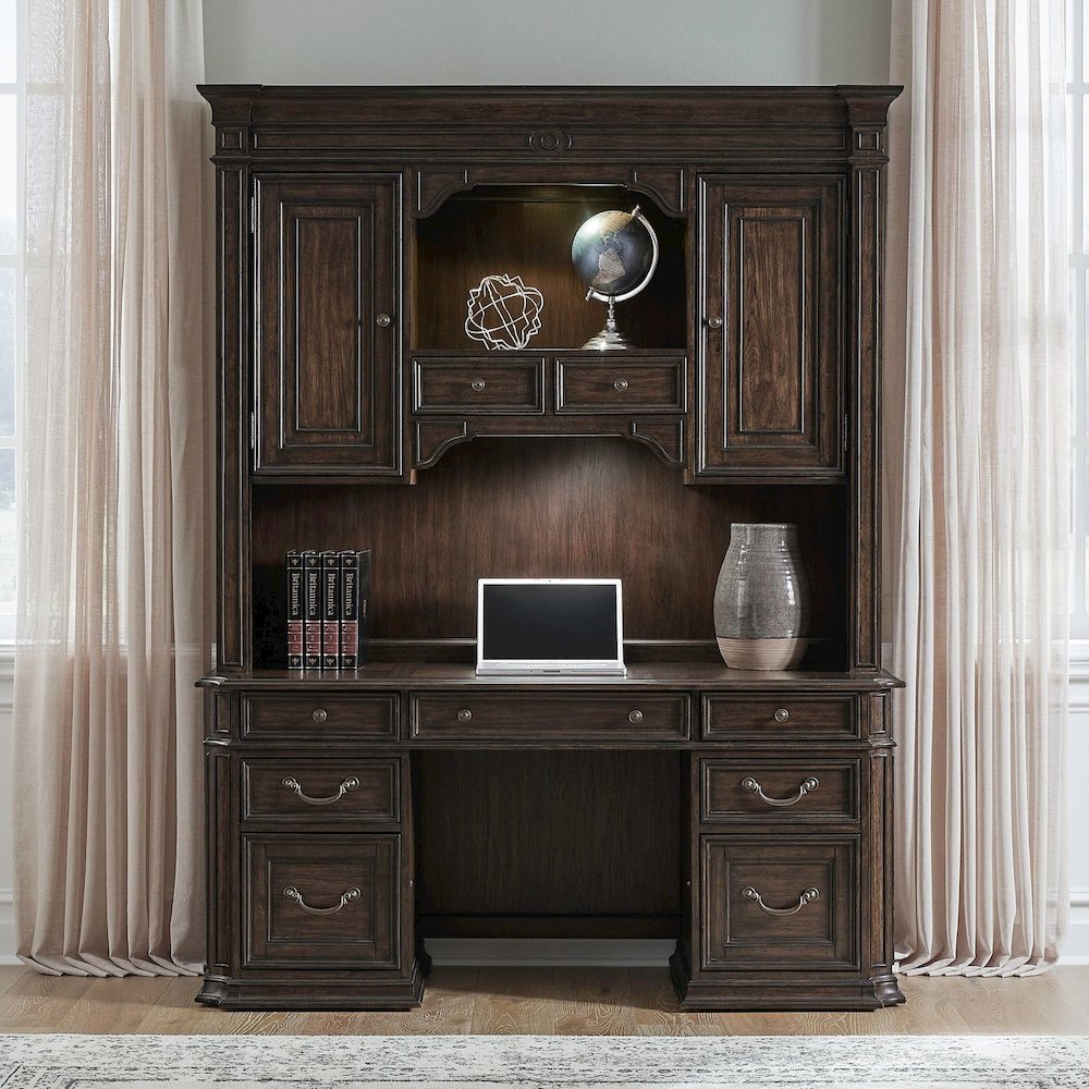 5 Pc Executive Set - Desk, Credenza Desk & Hutch with LED Touch Light, Brown. Picture 2