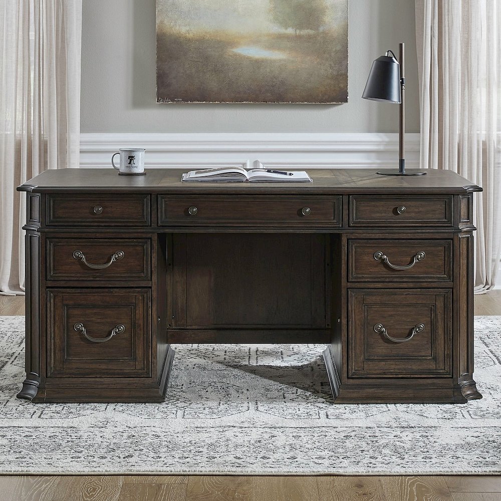 5 Pc Executive Set - Desk, Credenza Desk & Hutch with LED Touch Light, Brown. Picture 13