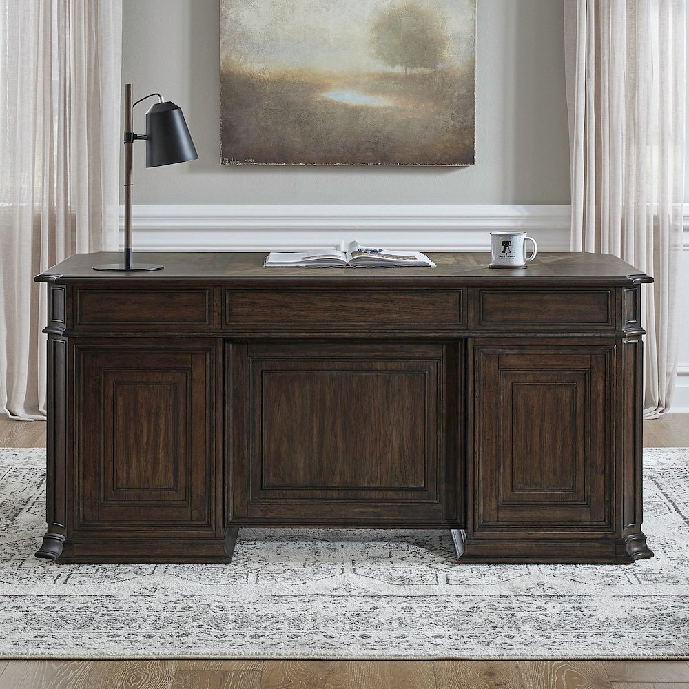 5 Pc Executive Set - Desk, Credenza Desk & Hutch with LED Touch Light, Brown. Picture 12