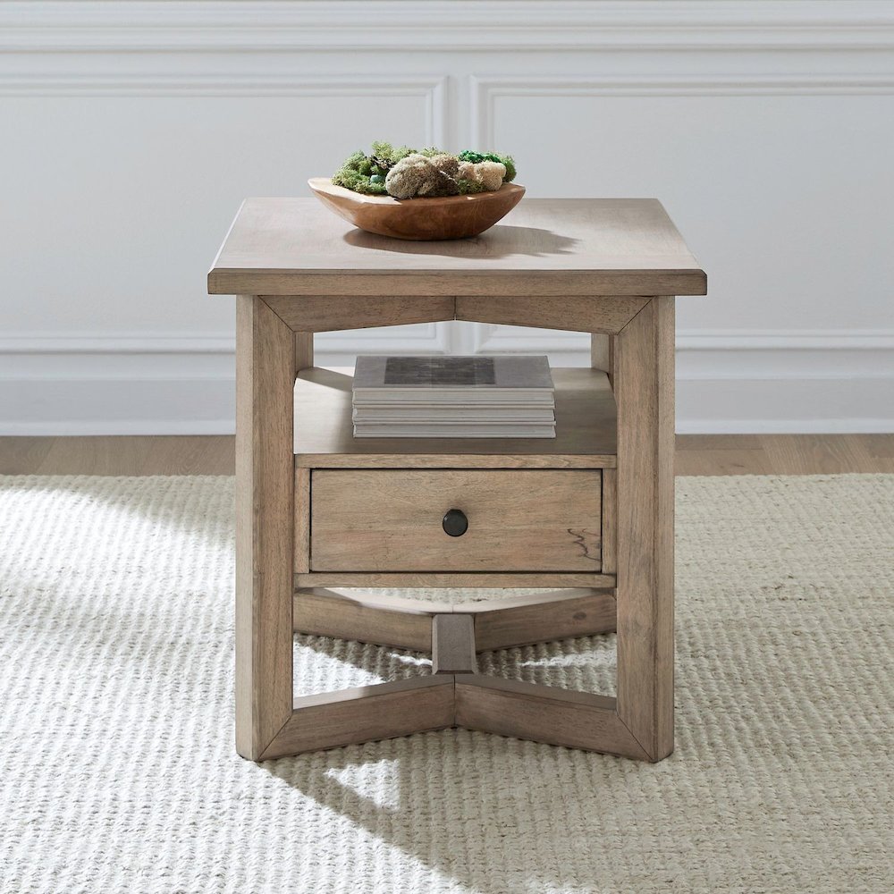 Living Room Rectangular End Table with Storage Drawer - Barley Buff Birch Wood. Picture 2