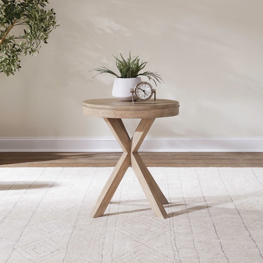 Brentwood Round End Table for Living Room - Sandstone Oak Wood. Picture 7