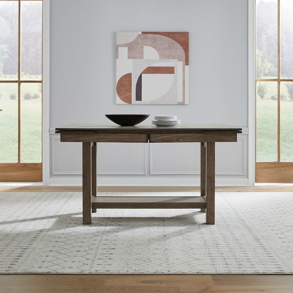 5 Pc Trestle Leaf Table Dining Room Set with 4 Slat Back Side Chairs - Sandstone. Picture 4