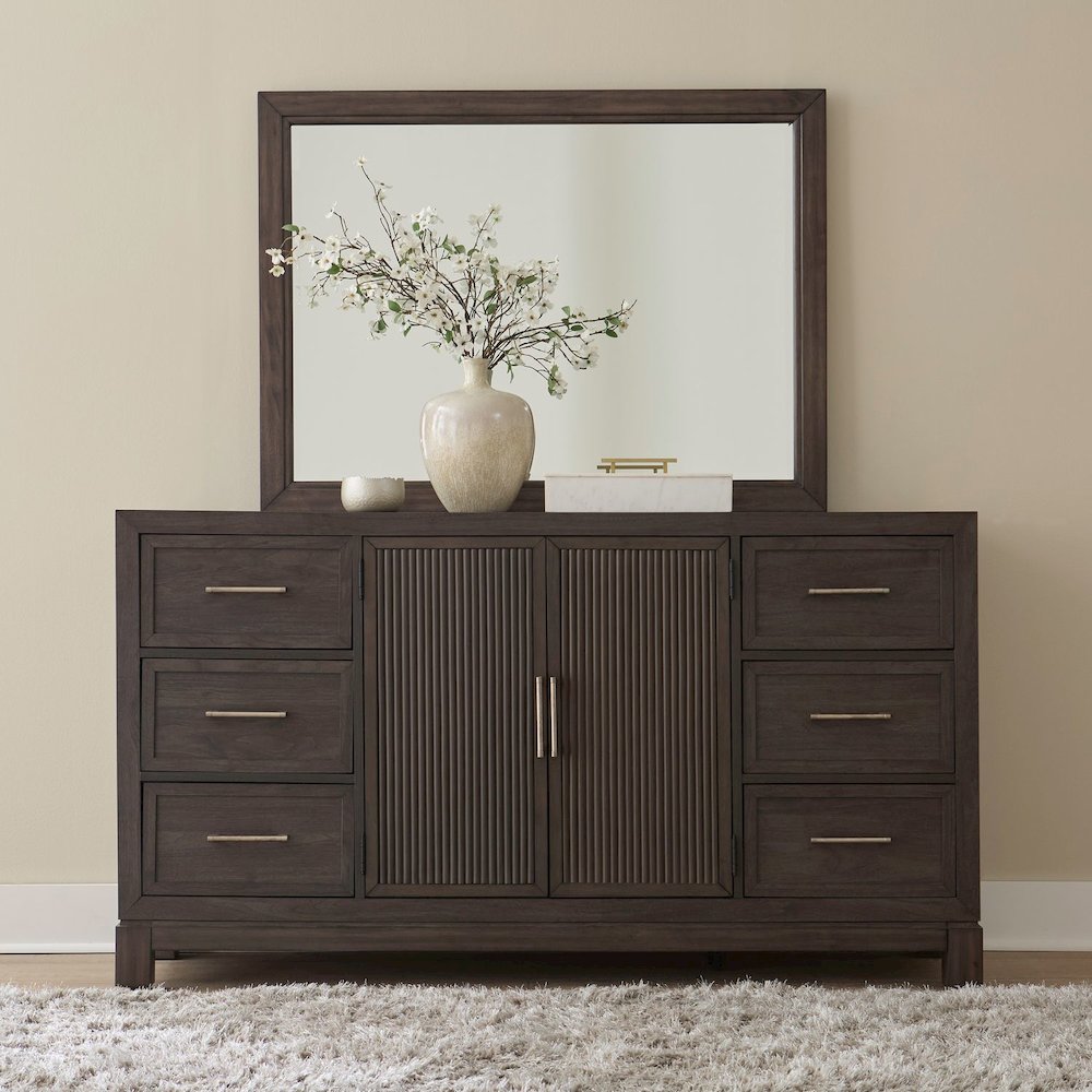 Modern Edge Queen Upholstered Bed, Dresser & Mirror, Chest Bedroom Set - Caffe. Picture 7