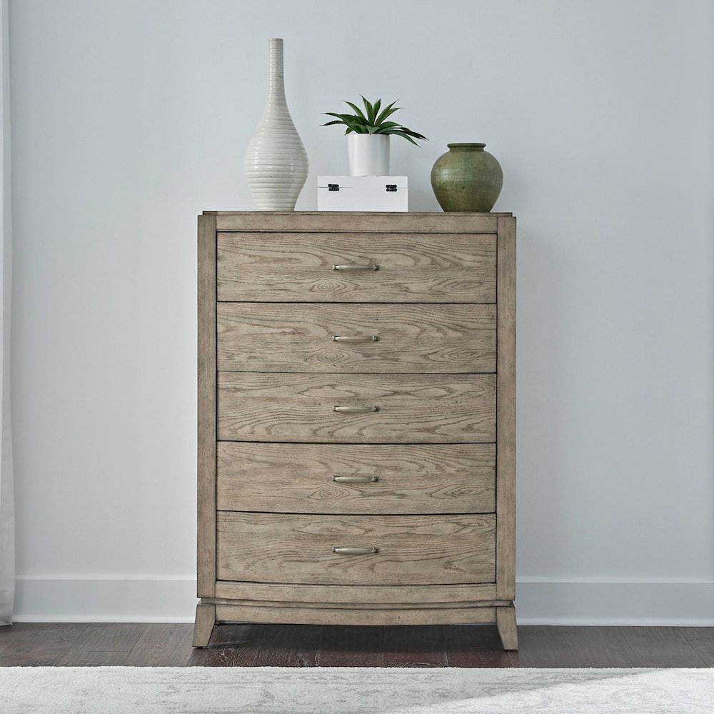 Avalon 5 Drawer Chest for Bedroom - Burnished Beige Oak Wood. Picture 10