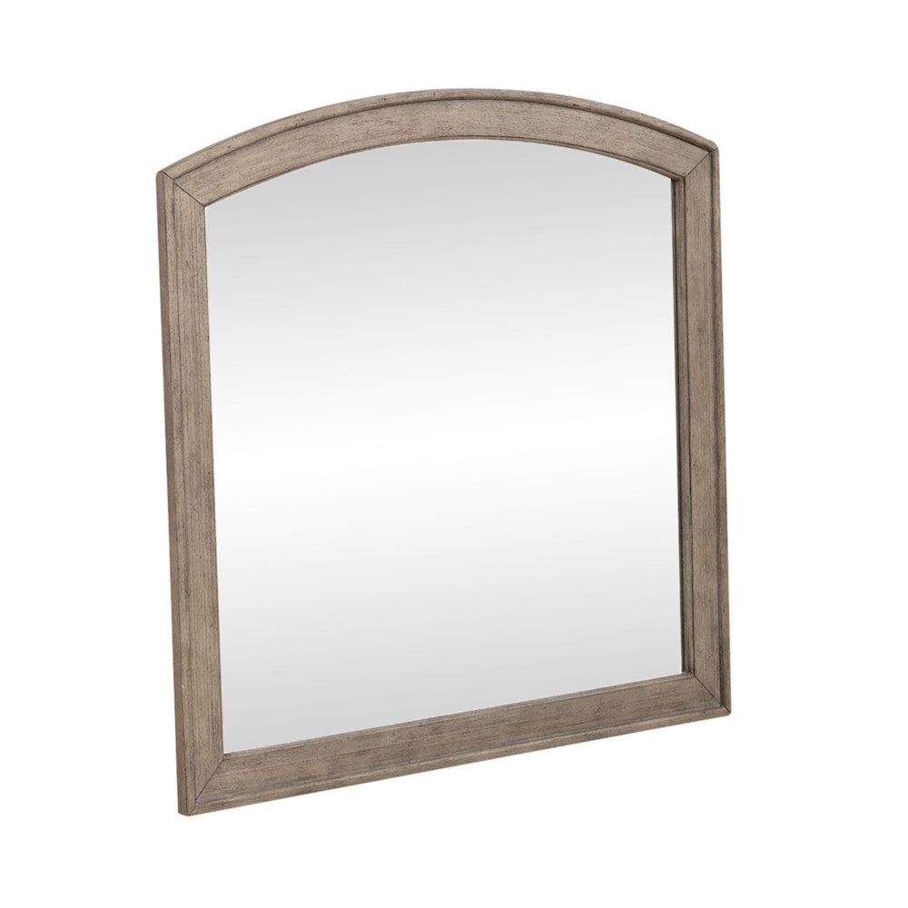 Arched Mirror with Dresser Mount 41" x 40"- Burnished Beige Oak Wood Frame. Picture 1