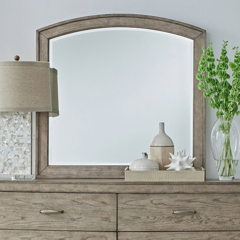Arched Mirror with Dresser Mount 41" x 40"- Burnished Beige Oak Wood Frame. Picture 7