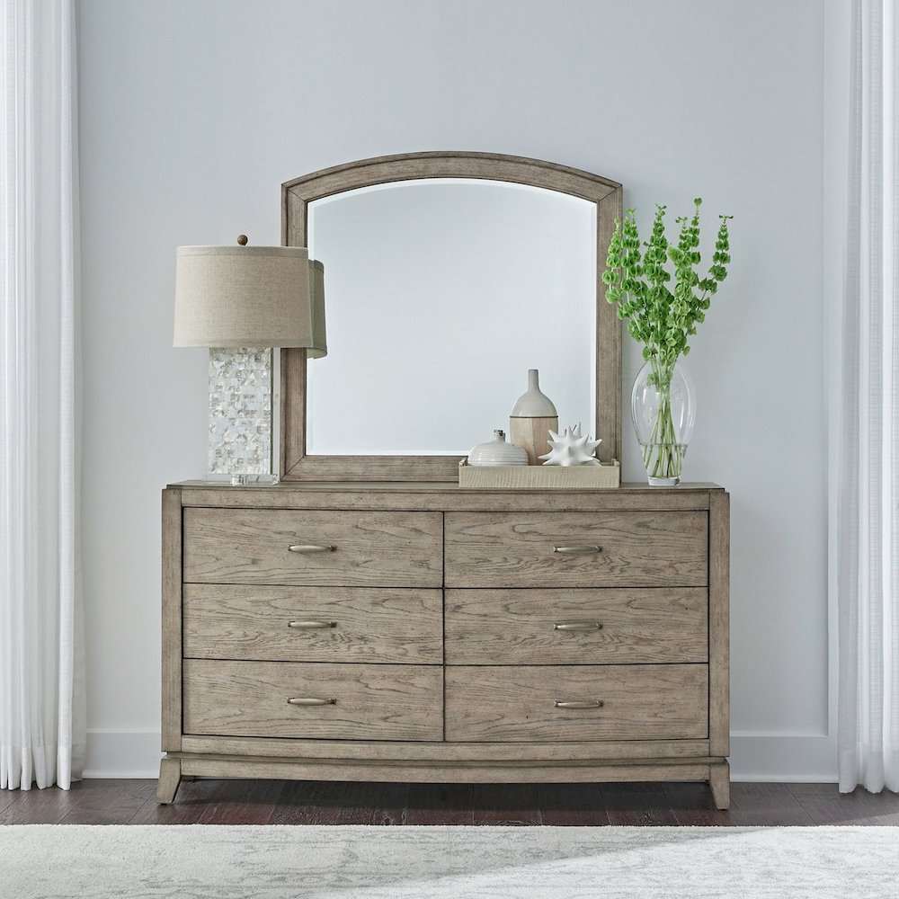 Avalon Dresser & Mirror for Bedroom - Burnished Beige Oak Wood. Picture 6