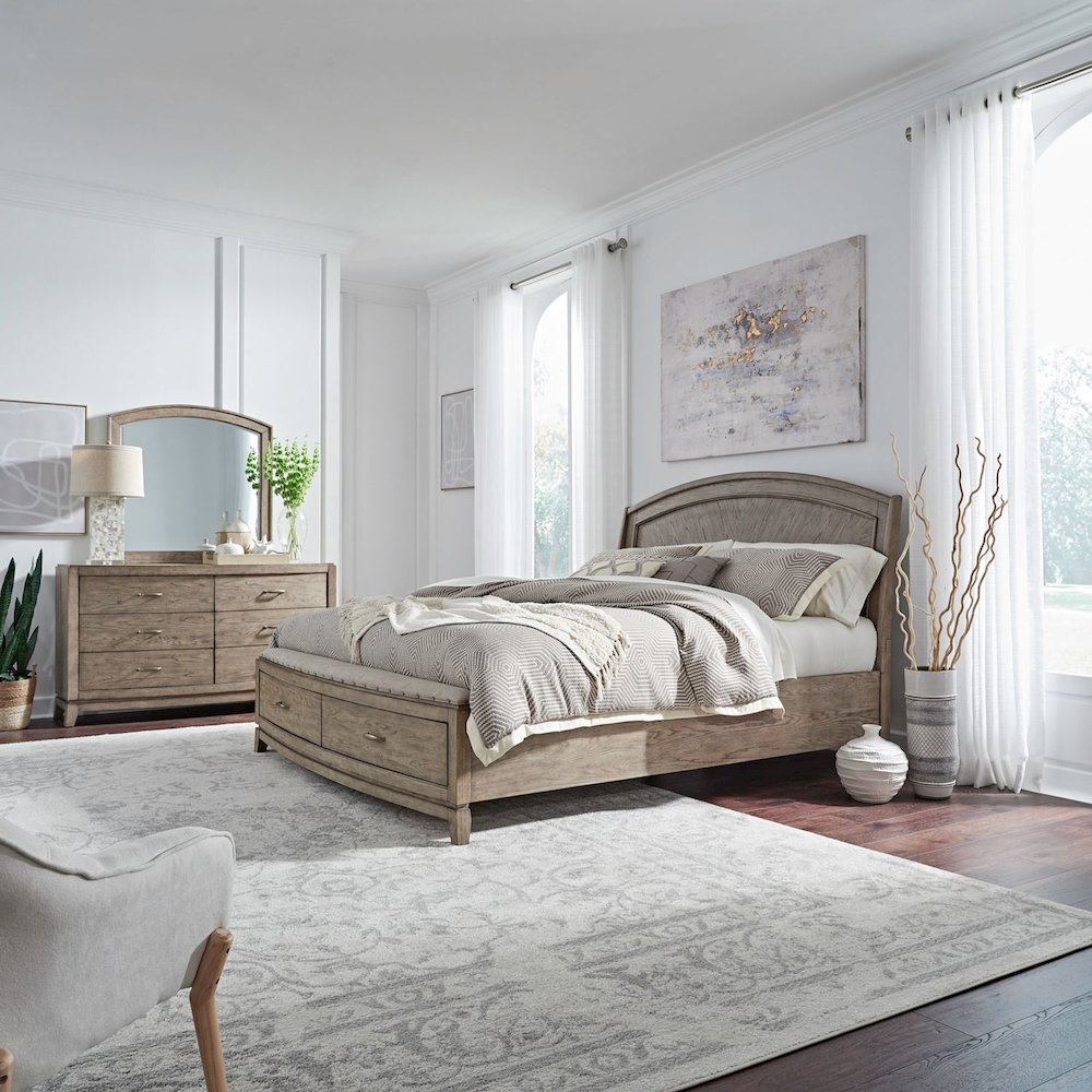 King Panel Storage Bed, Dresser & Mirror - Bedroom Sets - Burnished Beige. Picture 1