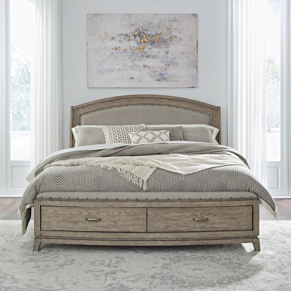 Avalon King Upholstered Storage Bed Frame with Footboard Drawer. Picture 13