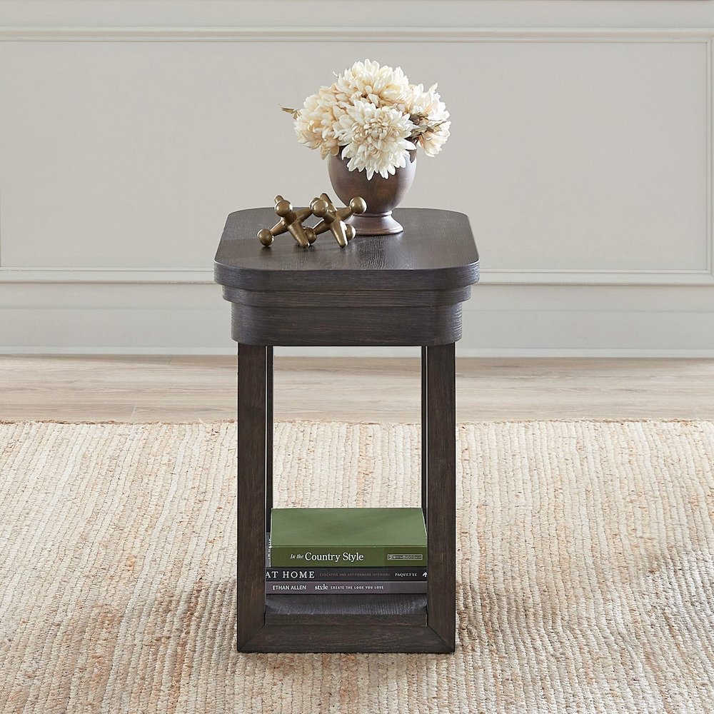 Weston Living Room Chairside Table Bottom Storage Shelf - Peppercorn Oak Wood. Picture 2