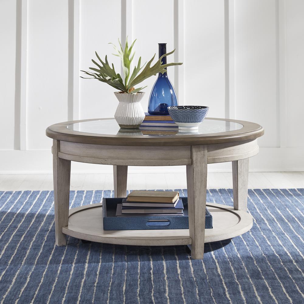 Heartland Round Ceiling Tile Cocktail Table in Antique White w/ Tobacco Top. Picture 2