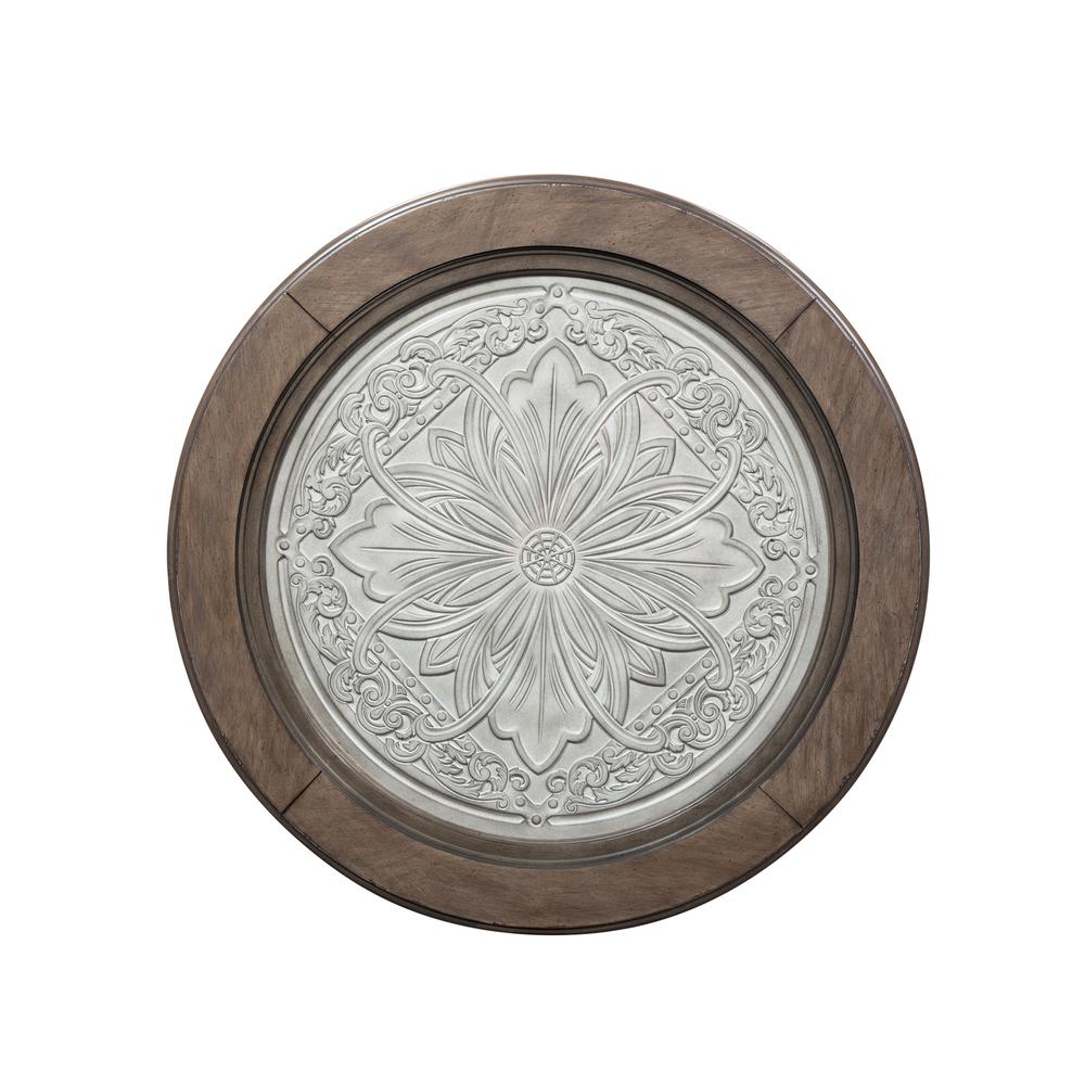 Heartland Round Ceiling Tile Cocktail Table in Antique White w/ Tobacco Top. Picture 1