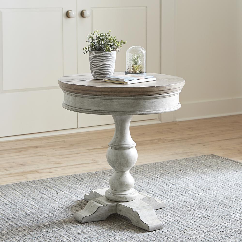 Heartland Round Pedestal Chair Side Table in Antique White w/ Tobacco Top. Picture 2