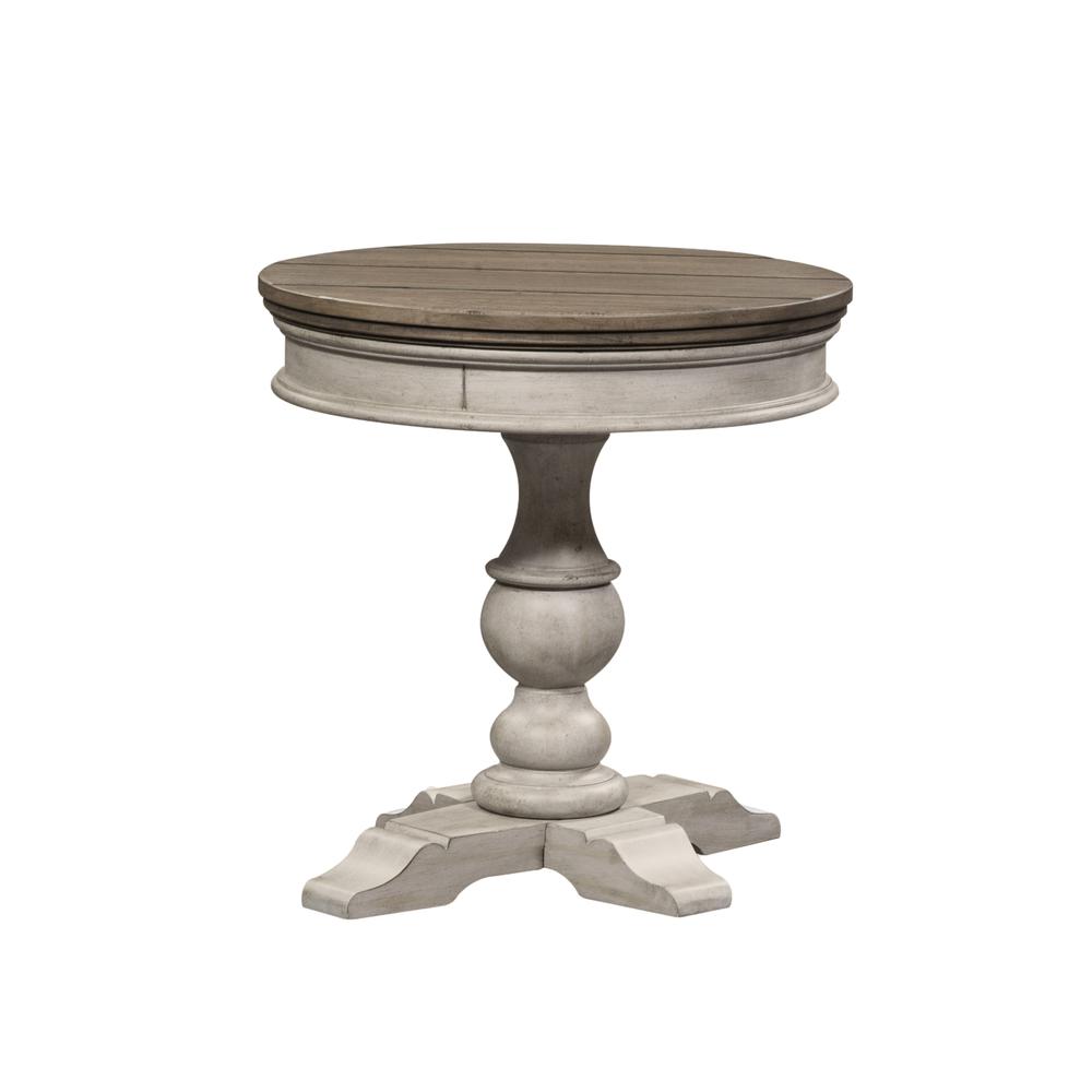 Heartland Round Pedestal Chair Side Table in Antique White w/ Tobacco Top. Picture 1